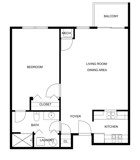 Floor plan for 1 bed, 1 bath, 823 sqft